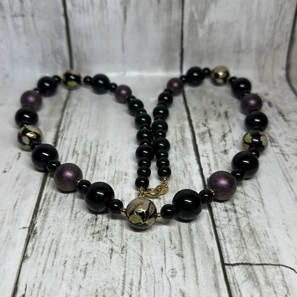 Black Purple Beaded Cloisonné Necklace‎ with Gold Clasp 29” Made in Japan